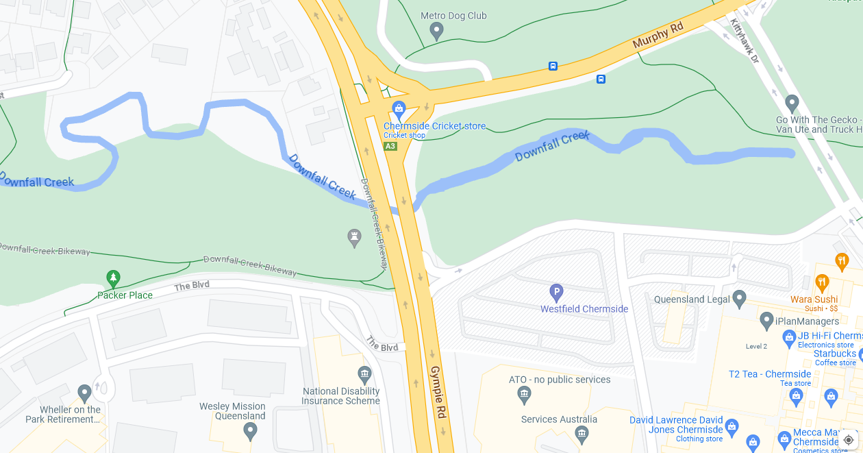 This map shows the Downfall Creek bikeway ending at the western side of Gympie Road, with only a circuitous connection to the paths on the eastern side.