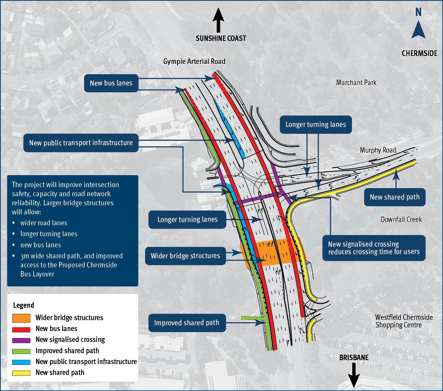 TMR's plan for Murphy Road and Downfall Creek, showing 'Wider bridge structures', but no plan to connect the Downfall Creek Bikeway.
